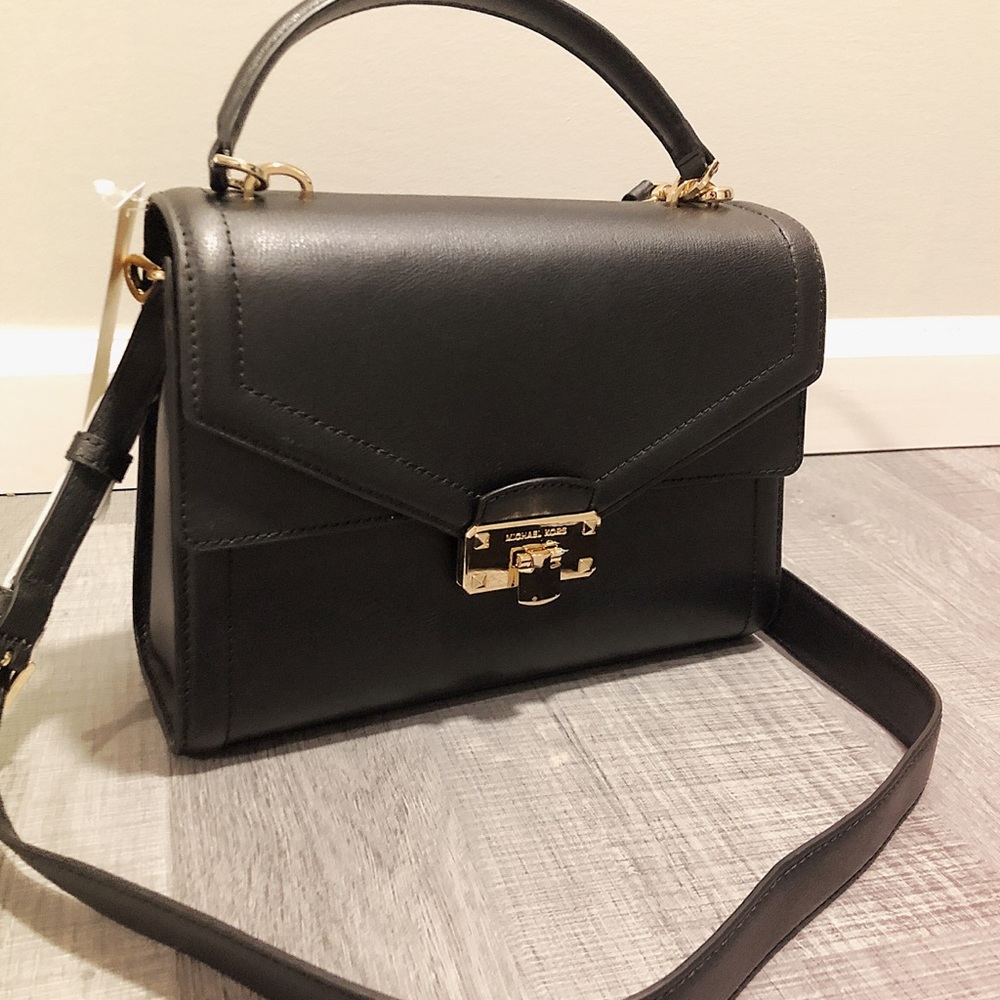 Michael Kors Black Leather Top-Handle Satchel with Gold Hardware